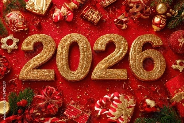 Fototapeta Top view of shimmering golden 2026 numbers surrounded by festive Christmas decorations and twinkling lights on a vibrant red background, creating a joyful atmosphere