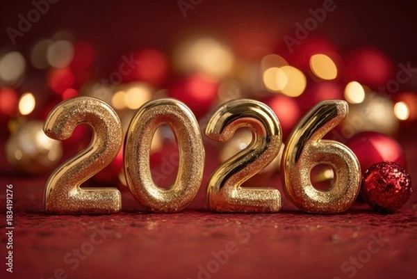 Fototapeta Festively arranged golden 2026 numerals atop a rich red surface, adorned with colorful Christmas ornaments and sparkling lights, evoking a celebratory New Year's mood