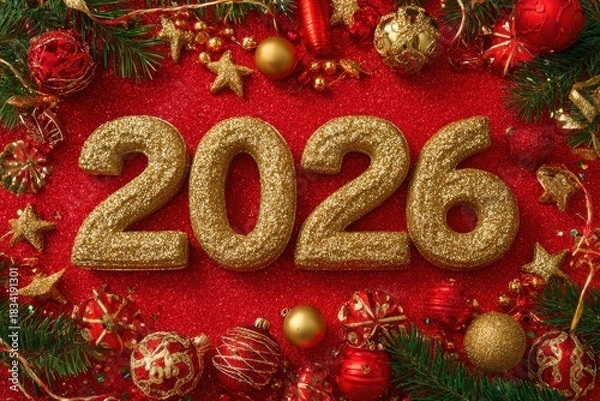Fototapeta Top view of shimmering golden 2026 numbers surrounded by festive Christmas decorations and twinkling lights on a vibrant red background, creating a joyful atmosphere