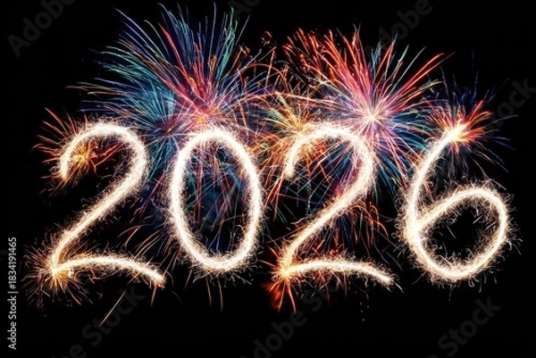 Fototapeta Vibrant fireworks burst in a dark night sky, illuminating "2026" in sparkling colors, with dynamic light trails creating a festive atmosphere