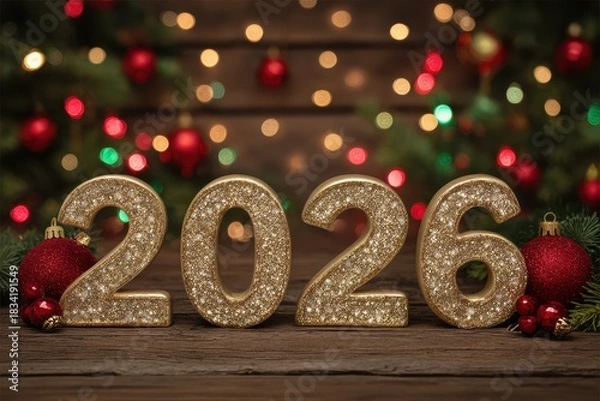 Fototapeta Golden 2026 numbers elegantly displayed on a rustic wooden table, surrounded by vibrant Christmas ornaments, twinkling bokeh lights, creating a warm festive atmosphere