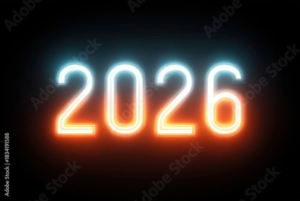 Fototapeta Futuristic neon 2026 digits glowing intensely, crafted from sleek tubes with a smooth transition from dark to light, offering a vibrant, festive atmosphere