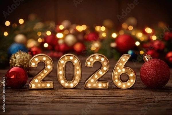 Fototapeta Golden 2026 numbers elegantly displayed on a rustic wooden table, surrounded by vibrant Christmas ornaments, twinkling bokeh lights, creating a warm festive atmosphere