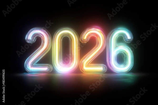 Fototapeta Futuristic neon 2026 digits glowing intensely, crafted from sleek tubes with a smooth transition from dark to light, offering a vibrant, festive atmosphere