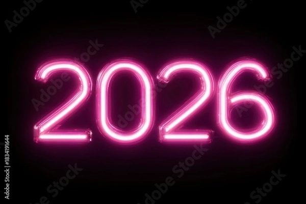 Fototapeta Futuristic neon 2026 digits glowing intensely, crafted from sleek tubes with a smooth transition from dark to light, offering a vibrant, festive atmosphere
