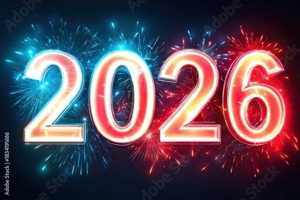 Fototapeta Festive fireworks illuminate the darkness, with radiant trails of light enhancing "2026, " evoking a joyful and celebratory New Year mood