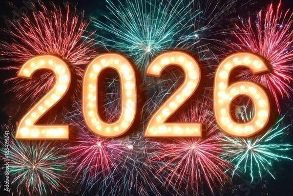 Fototapeta Festive fireworks illuminate the darkness, with radiant trails of light enhancing "2026, " evoking a joyful and celebratory New Year mood