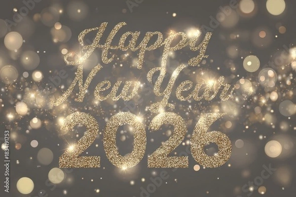 Fototapeta Stylish metallic lettering of "Happy New Year 2026" with a shimmering effect, surrounded by subtle sparkles and soft bokeh lights on a deep gray backdrop, exuding festive cheer