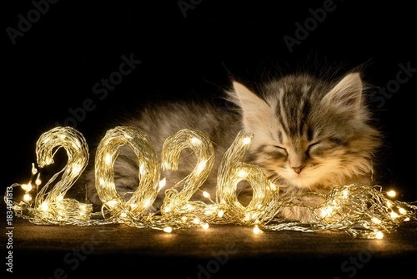 Fototapeta A fluffy kitten napping peacefully behind large, colorful numbers "2026, " softly illuminated by warm, golden fairy lights, creating a cozy, festive atmosphere