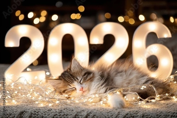 Fototapeta A fluffy kitten napping peacefully behind large, colorful numbers "2026, " softly illuminated by warm, golden fairy lights, creating a cozy, festive atmosphere