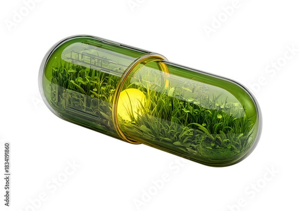 Fototapeta Green capsule with grass and light isolated on a transparent background