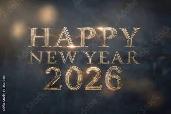 Fototapeta Elegant gold and silver typography of "Happy New Year 2026" illuminated with soft, warm lighting against a textured dark gray background, creating a celebratory mood