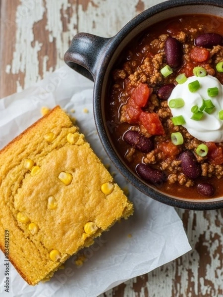 Fototapeta Overhead shot of a bowl of chili topped with sour cream and chives, served with a slice of cornbread on parchment paper.