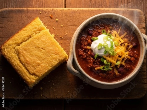 Fototapeta Overhead shot of a bowl of chili topped with sour cream, cheese, and green onions, alongside a piece of cornbread on a wooden board.