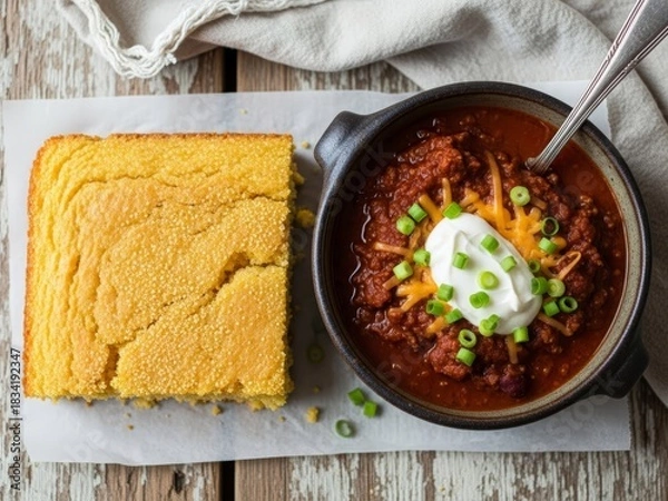 Fototapeta A hearty bowl of chili topped with cheese and sour cream, served with a side of golden cornbread on a rustic wooden table.