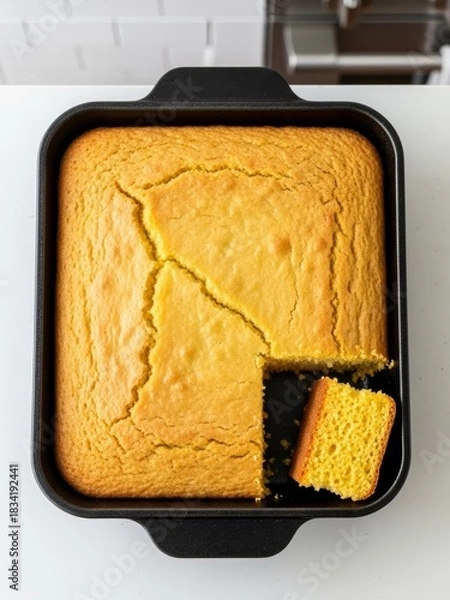 Fototapeta Overhead view of freshly baked golden cornbread in a black square pan with a single slice removed.