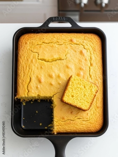 Fototapeta Freshly baked golden cornbread in a black cast iron skillet with a single slice cut out and resting on top, ready to be served.