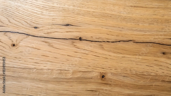 Fototapeta Close up of a light brown wooden surface with a crack running through it, showing the natural grain and texture of the wood