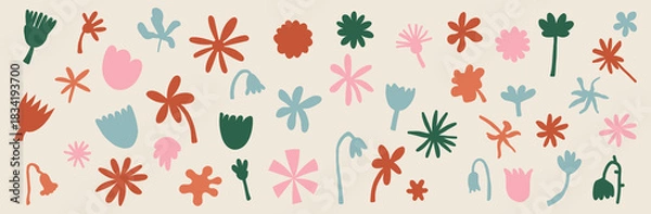 Fototapeta Neutral Beige Simple Minimalistic Floral Flower Doodle natural elements designs botanical plants, stem, buds vector set collection. 