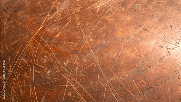 Fototapeta Detailed view of a scratched copper sheet, showcasing the intricate patterns and textures created by the abrasions, ideal for backgrounds