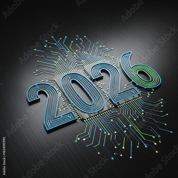 Fototapeta Abstract circuit lines shaping 2026 on black steel background