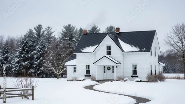 Fototapeta Dreamy winter escape: White farmhouse nestled in snowy wonderland scene