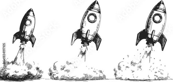 Obraz Rocket launch sketch, hand drawn style, three rockets blasting off with smoke clouds. Vector illustration