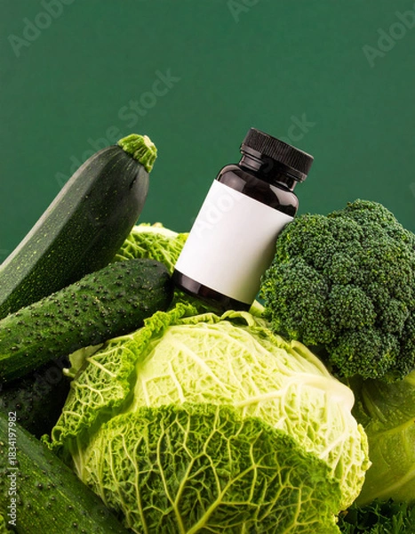 Fototapeta A bottle of pills is on top of a wooden table with a bunch of broccoli