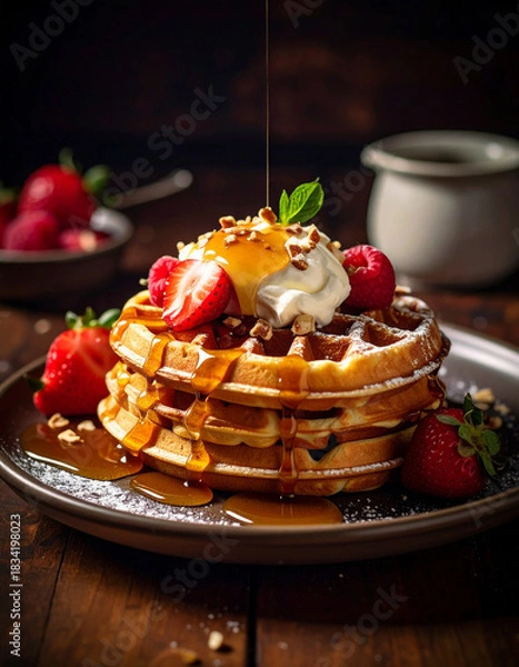 Fototapeta A stack of waffles with strawberries and whipped cream on top