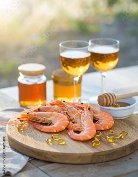 Fototapeta A table with a wooden board and a jar of honey