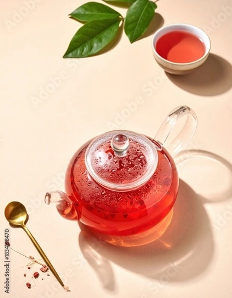Fototapeta A tea pot with a red liquid in it and a spoon next to it