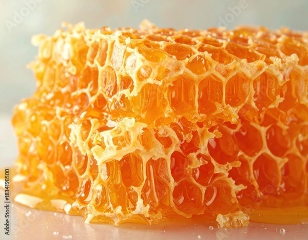 Fototapeta A piece of honeycomb with honey dripping from it