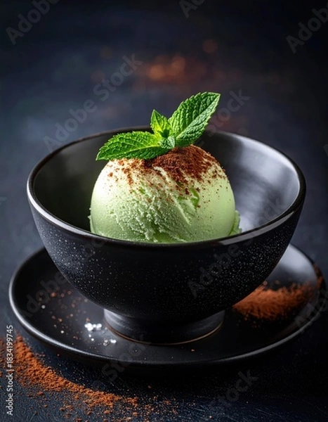 Fototapeta A bowl of ice cream with a green leaf on top