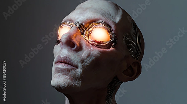 Fototapeta Detailed facial features of a mutated human with metallic implants and neon-tinted eyes 