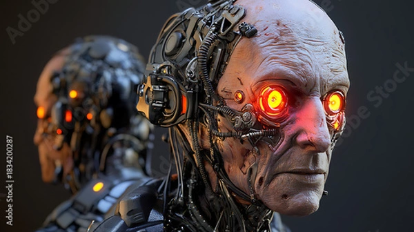 Fototapeta Detailed facial features of a mutated human with metallic implants and neon-tinted eyes 