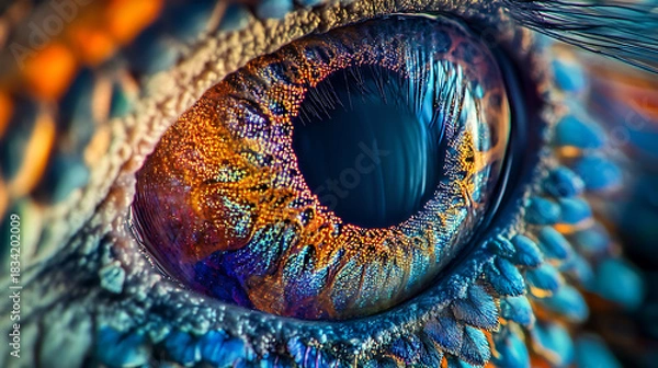 Fototapeta Close-up of a human eye transformed into a multicolored digital lens 