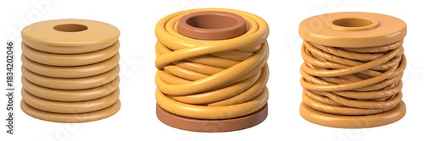 Fototapeta Three Spools Of Yellow Thread With Brown Base On Transparent Background