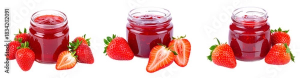 Fototapeta Three Strawberry Jars With Red Jam Surrounded By Ripe Berries And Green Leaves Against A Transparent Background
