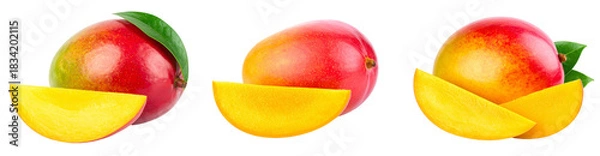 Fototapeta Vibrant Mango Arrangement With Red And Yellow Hues Green Leaves And Transparent Background