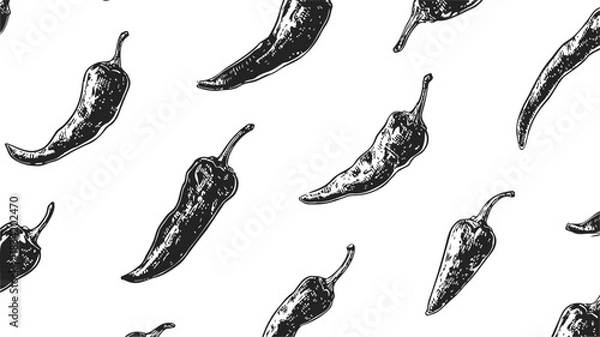 Obraz Chili pepper seamless pattern, sketch hand drawn style, black and white vegetable background. Vector illustration