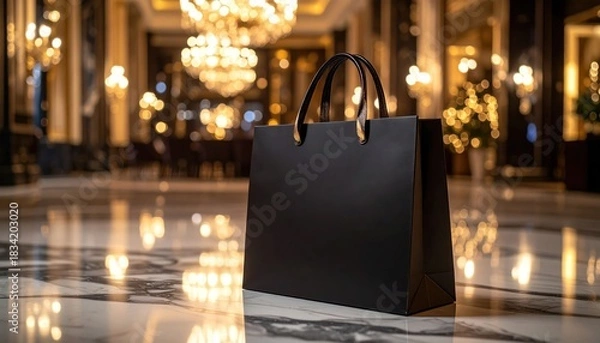 Obraz Black Shopping Bag in Luxury Hotel Lobby with Marble Floor.