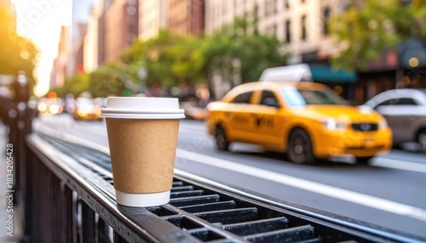 Obraz Coffee cup on railing NYC street with taxi in the background.
