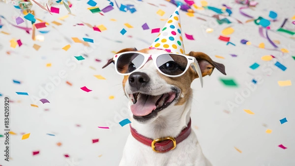 Obraz Funny Dog Wearing Birthday Sunglasses Celebrating with Colorful Confetti