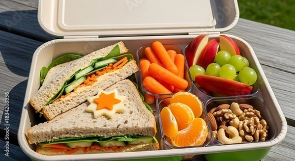 Fototapeta Healthy and delicious packed lunchbox with sandwiches fruit vegetables and nuts for a picnic