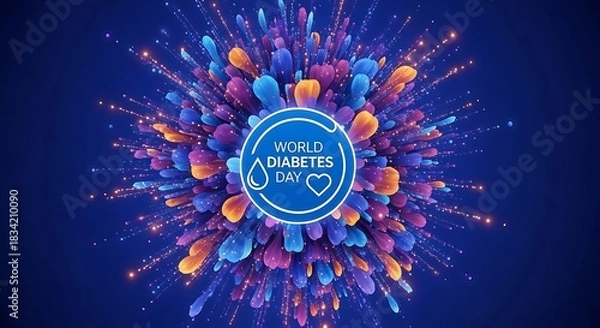 Fototapeta World diabetes day awareness graphic with blue circle and colorful exploding particles
