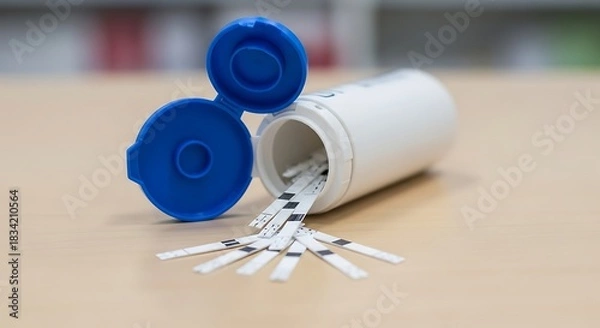 Fototapeta Diabetes testing supplies spilled from a container showing blood glucose test strips and a blue cap