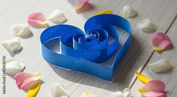 Fototapeta A vibrant blue ribbon shaped into a heart with scattered rose petals on a white background