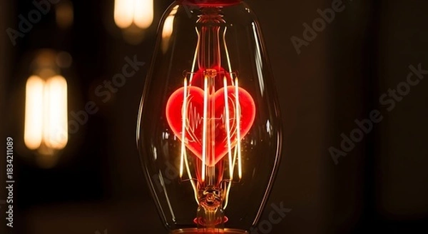 Fototapeta Vintage edison light bulb with glowing red heart filament inside creating a warm romantic atmosphere