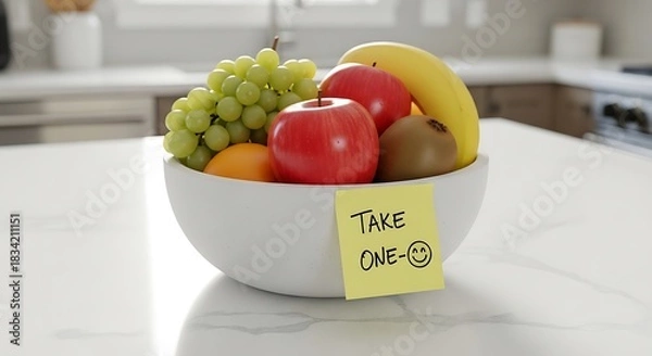Fototapeta Freshly picked fruit in a white bowl with a handwritten note on a kitchen counter