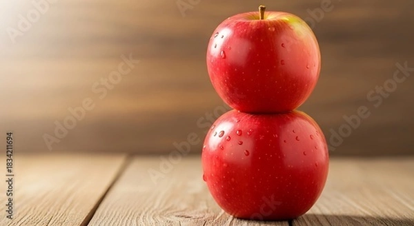 Fototapeta Two ripe red apples stacked vertically on a rustic wooden table with water droplets